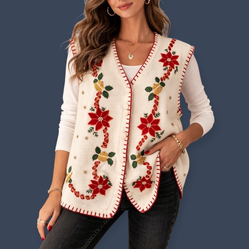 VTG BP DESIGN Poinsetta Embroidered Ugly Christmas Waistcoat Sweater Vest